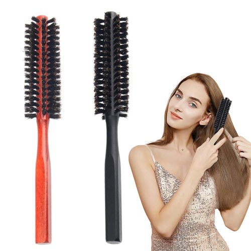 Boar Bristle Round Brush Set - 2PCS for Short Hair, Bangs, Long Curls, Wood Handle (Black, Red)