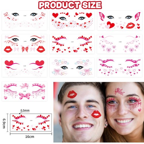 Valentine's Day Red Heart Lips Temporary Tattoo Stickers Glitter Butterfly bows Waterproof Fake Freckle Tattoos Rave Face Body Makeup Accessories for Women Halloween Cosplay Party 10Sheets