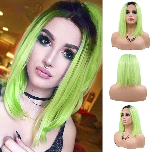 karissa Hair Fluorescent Green Bob Lace Front Wigs for Black Women Bob Wigs Light Green Synthetic Lace Front Wig Natural Hairline Dark Roots Ombre Short Wigs Colorful Glueless Lace Wig 14Inch