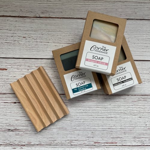 Soap Dish Gift Set, 3 Hand Crafted Soaps and Wood Soap Dish Gift Box, Holiday Present