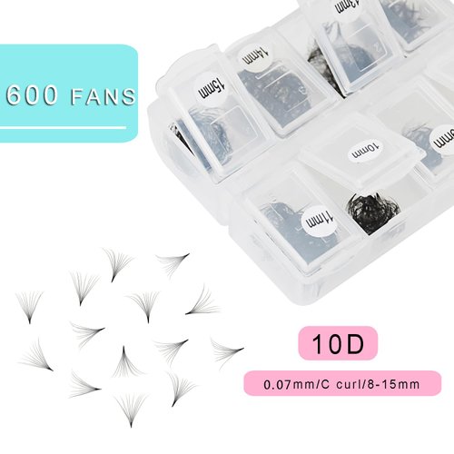 600 Fans 10D Premade Volume Eyelash Extensions 8-15mm Mixed Length Pre-made Fans Thin Volum Lash Extensions C Curly Handmade Loose Volume Lashes (10D-0.07-C-8-15mm）