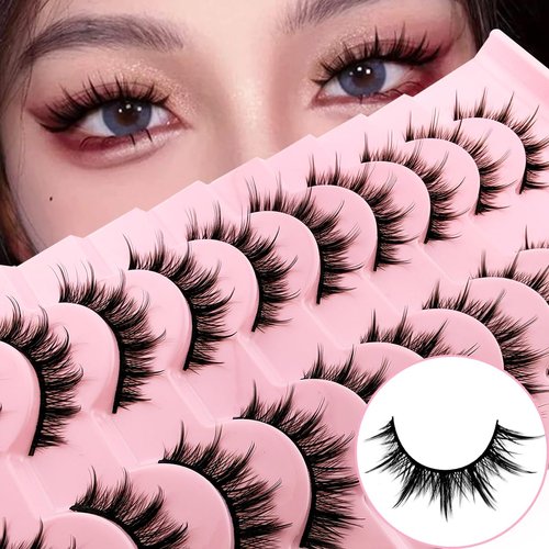 10 Pairs Manga Lashes Natural Look That Look Like Lashes Clusters,Anime Lashes 12mm Spiky Doll False Eyelashes,Cat-Eye Look Faux Mink Wispy Cosplay Japanese Korean Asian Lashes(10P-002)