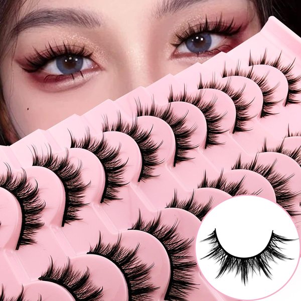 10 Pairs Manga Lashes Natural Look That Look Like Lashes Clusters,Anime Lashes 12mm Spiky Doll False Eyelashes,Cat-Eye Look Faux Mink Wispy Cosplay Japanese Korean Asian Lashes(10P-002)