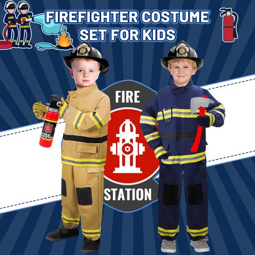 deAO Fireman Costume for Kids Firefighter Dress-Up Toy Set with Accessories Halloween Costumes Pretend Play Toy Gift for Boy