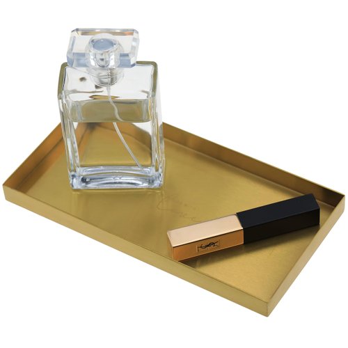 Freelove Sanding Gold Metal Vanity Tray Lettering, Perfume Organizer Jewelry Holder Makeup Dish Catchall Candle Plate Decorative for Dresser Counter Bathroom Desk Home Preppy Room Decor, 4''X8''