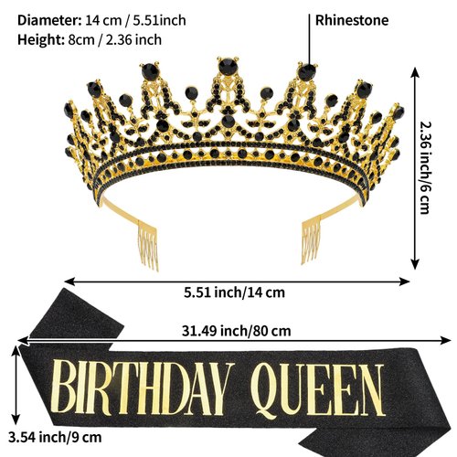 GAFATORY Black Gold Birthday Queen Crown and Sash Birthday for Women Birthday Crowns Decorations Birthday Tiara and Sash for Women Princess Tiara with Comb Princess Crown Girl Tiara Party for Girls