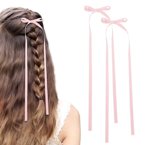 2 PCS Light Pink Hair Clips with Tassel Satin Ribbon Accessories for Women, Valentine's Day