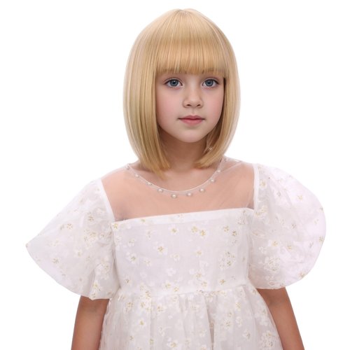 Edivd Kids Mixed Blonde Bob Wig Girls Short Blonde Bob Wig with Bangs Heat Resistant Synthetic Wig with Wig Cap