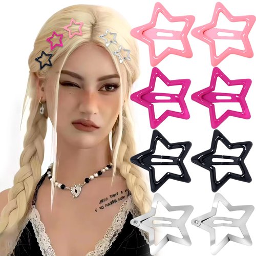 50Pcs Pink Star Hair Clips Y2K Silver Star Hair Clips for Women Metal Star Barrettes for Hair Non Slip Kawaii Star Hair Accessories for Girls Black Cute Snap Hair Clips Styling Tools Gifts