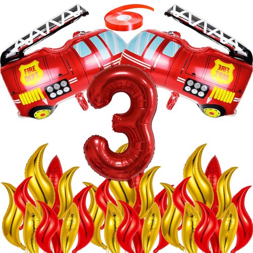 Fire Truck Balloon Fire Balloon 3 Number 3 Balloon Fire Birthday Decorations for Kids Fire Party Supplies (40in Number 3/34in Firetruck/24in Fire)