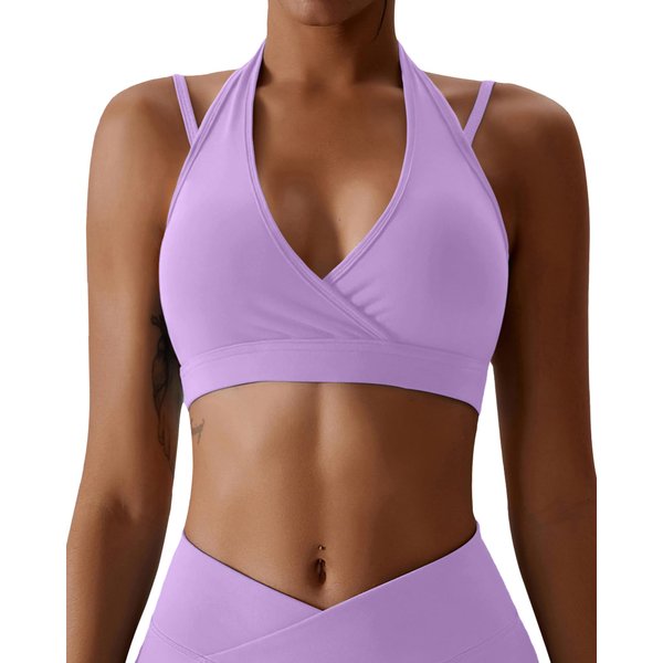 XUNYU Halter Sports Bra Open Back Workout Tops for Women V Neck Crop Tank Top with Built in Bras Spaghetti Strap Yoga