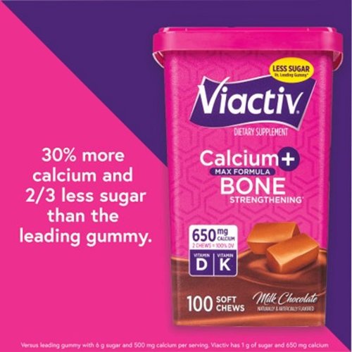 Viactiv Calcium +Vitamin D3 Supplement Soft Chews, Milk Chocolate, 100 Chews - Calcium Dietary Supplement for Bone Health