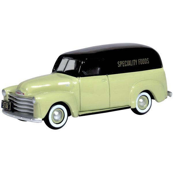 1950 Chevy Panel Van Speciality Foods Light Green and Black 1/87 (HO) Scale Diecast Model Car by Oxford Diecast 87CV50004