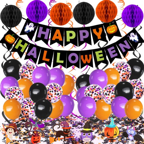 Happy Halloween Banner Paper Honeycomb Ball Swirl Streamers Circle Confetti Dots Balloons Pumpkin...