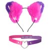 Pistha Furry Pink Purple Cat Ear Headband and Love Heart Leather Chocker for Halloween Animal Costumes Accessories