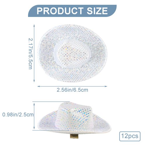 ASUNFO 12 Pcs Mini Disco Cowboy Hat Hair Clips Western Cowgirl Hat Hair Barrettes for Women Dot Glitter White