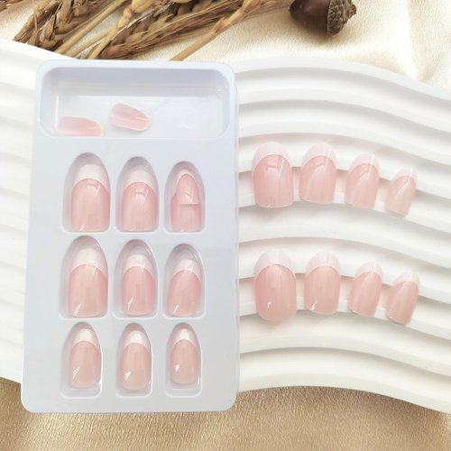 White French Tip Press on Nails Short Oval Fake Nails Press on Nails Daily Wear Simple Glue on Nails Light Pink Full Cover False Almond Nails Acrylic Stick on Nails for Women 24 Pcs