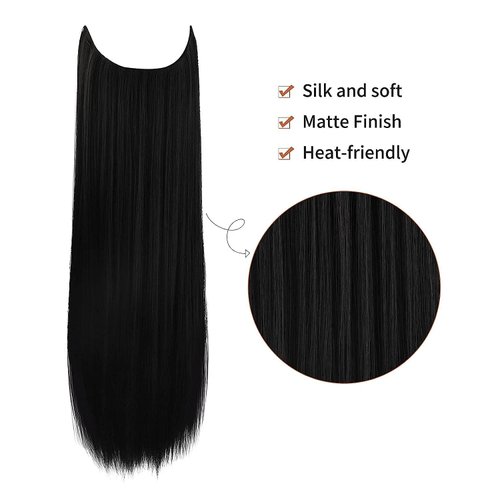 Halo Hair Extensions Adjustable Long Straight Hairextension Synthetic Wig Upgrade 4 Secure Clips in Hairpieces Invisible Wire Hair Extension (Black)