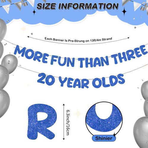 Fulmoon Pre Strung More Fun Than Three 20 Year Olds Glitter Banner Happy 60th Birthday Party Decorations Funny Birthday Banner 60th Wedding Anniversary Decorations (Dark Blue)