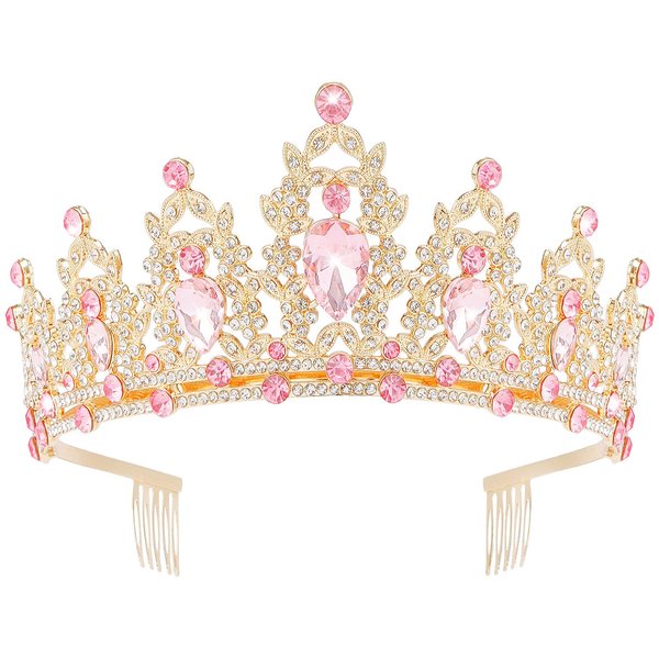 Didder Pink Princess Crown Crystal Tiara for Women and Girls, Tiaras and Crowns Birthday Party Headpiece Bridal Hair Accessories for Wedding Halloween Queen Costume Pageant Quinceanera Crown