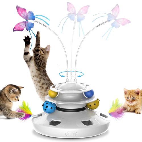 AIBORS Cat Toys - 4in1 Rechargeable Automatic Cat Toy Interactive Kitten Toy Whack a Mole Fluttering Butterfly Ambush Feather Track Balls Toys Rechargeable Feather Toys Indoor Exercise Kicker