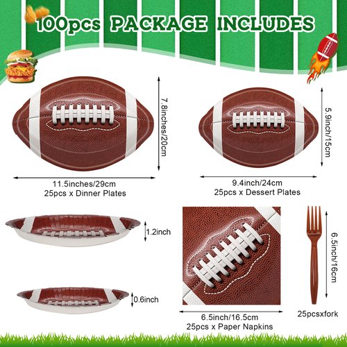 100 Pcs Football Party Supplies,Football Tableware Set with 25Paper Dinner Plates,25Dessert Plates,25Forks,25Napkins for Football Birthday Party and Super Bowl Game Day Decorations