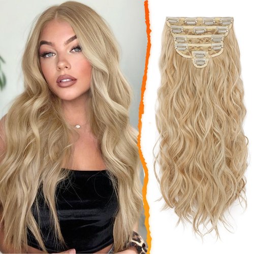 BARSDAR Clip in Hair Extensions - 20 Inch Long Wavy Blonde Hair Extensions Clip in For Women - 6PCs Full Head Thick Soft Synthetic Clip in Hairpieces Girls Daily Party - Honey Blonde Mix
