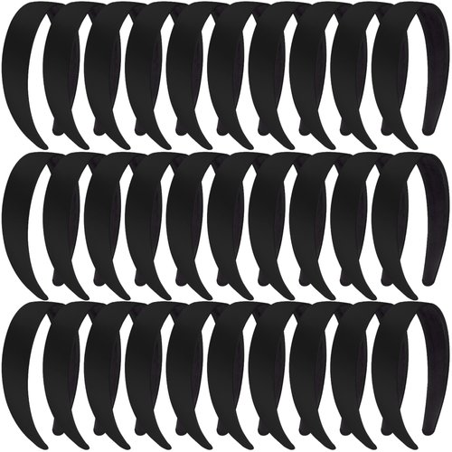 SIQUK 30 Pieces Black Satin Headbands 1 Inch Wide Hair Headband Non-slip Satin Hard Headband DIY Headbands for Women