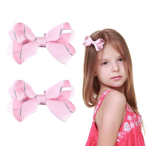 Small Cute Pink Ribbon Hair Bow Clips 3" Shiny Grosgrain Ribbon Bowknot Alligator Barrettes Baby Toddler Teen Girls Birthday Valentines Party Dress Decor Accessory Xmas Gift