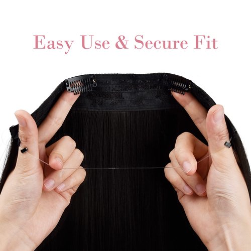 REECHO Invisible Wire Hair Extensions with Transparent Headband Adjustable Size Removable Secure Clips in Curly Wavy Secret Hairpiece for Women 20 Inch - Dark Chocolate Brown