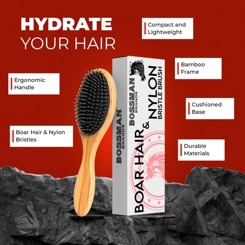 Bossman Men's Boar and Nylon Bristle Hair and Beard Brush - Detangling & Straightening Wooden Oval Wet Brush - Ergonomic Bamboo Design