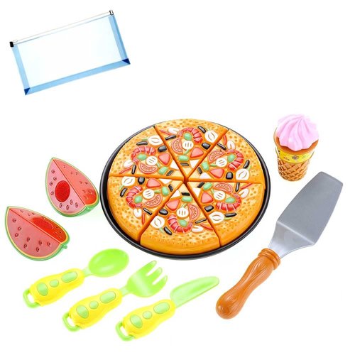 Omura Playset | Pizza, Watermelon, and Ice Cream Cutting Food Playset | Bonus: Multi-Purpose #10 Size Pouch (Color May Vary)