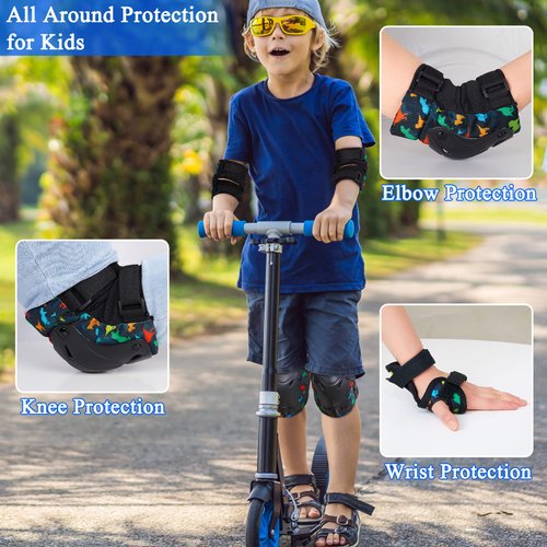 FIODAY Knee Pads for Kids Dinosaur Knee Elbow Pads Wrist Guards with Drawstring Bag Adjustable 7 in 1 Protective Gear Set for Boys Inline Skating Bike Cycling Skateboard Scooter, 3-8 Years, Black