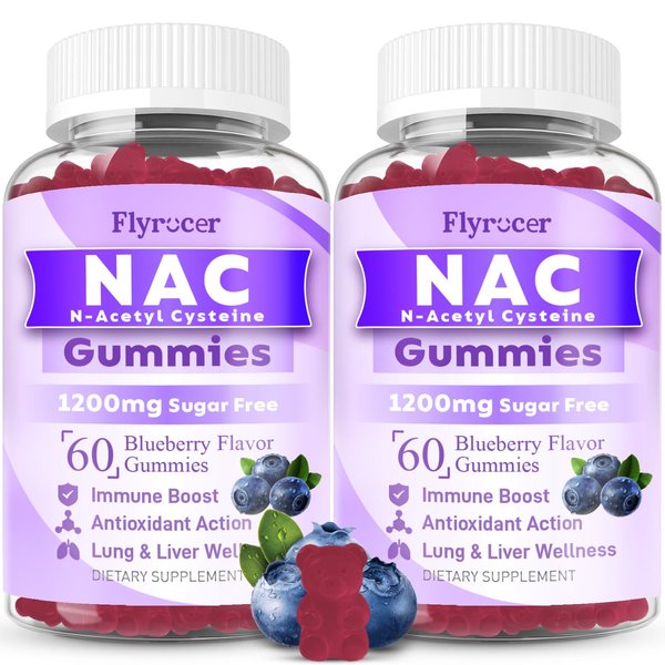 2 Pack NAC Gummies 1200mg, N Acetyl Cysteine Supplement for Adults and Kids, NAC Chewable Support Liver Health, Antioxidants & Immune System, Sugar-Free, Blueberry Flavor, 120 Count