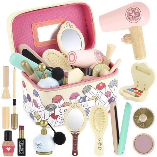 GAGAKU Wooden Makeup Toy Set Wood Hair Salon Playset Toddler Wooden Makeup Kit for Girls,Christmas Birthday Gift for 3 4 5 6 7 Years Old Kids