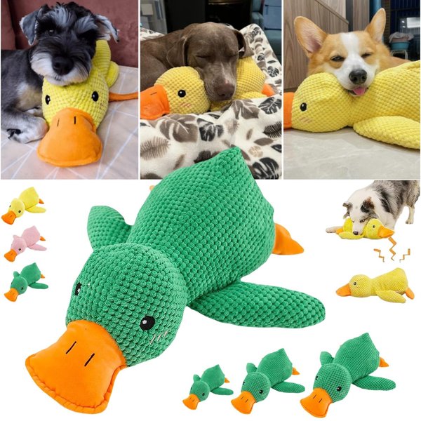 Calming Duck Dog Toy 2025 Upgrade Emotional Support Duck for Dog Unbreakable Stuffed Plush Dog Toy for Aggressive Chewers Resistant Squeaky Dog Toy Interactive Dog Toys for Indoor Outdoor (Green, S)