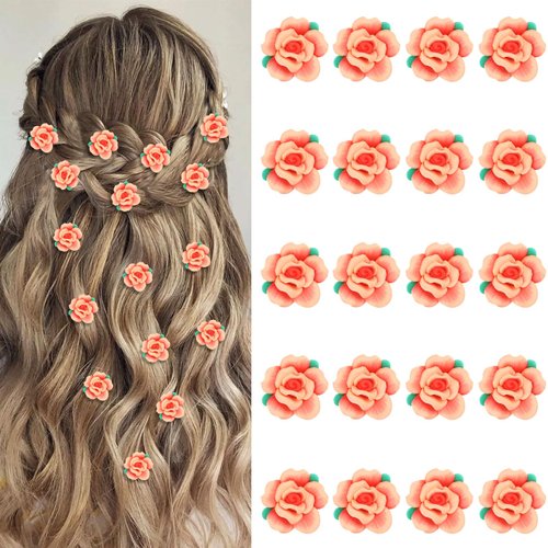 YISSION 20Pcs Mini Orange Flower Hair Clips for Girls Women Rose Flower Clips for Hair Cute Flower Hair Pins Wedding Hair Barrettes Bridal Hair Accessories for Girls Women