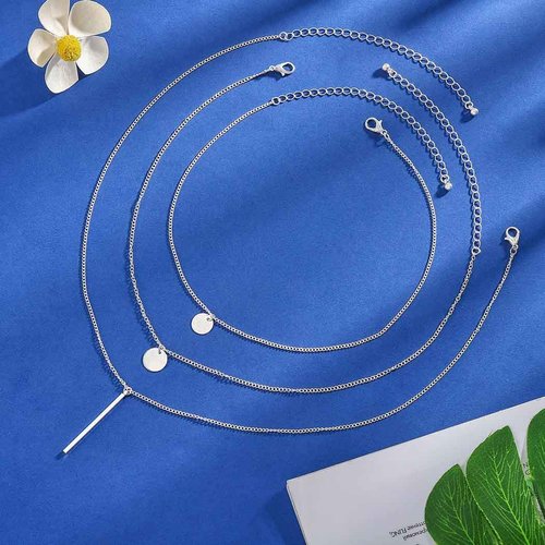 Mosako Boho Layered Necklaces Sequins Disc Silver Necklace Chain Short Bar Coin Pendant Delicate Dainty Charm Necklaces Jewelry for Women and Teen Girls
