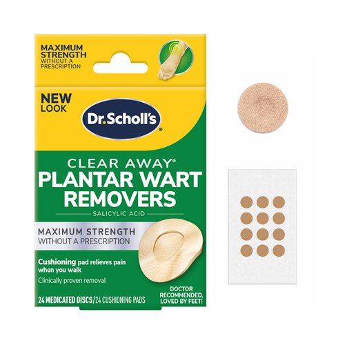 Dr. Scholl's Clear Away Plantar WART Remover // 24 Discs/24 Cushions, Clinically Proven, Maximum Strength Without a Prescription, Cushioning Pad Relieves Pain, 24 Treatments