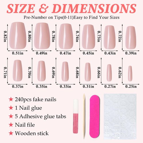 LuckForever 240pc Coffin Press on Nails Medium Fake Nails Nude Tan Glue on Nails Short Ballerina Coffin Nails Press ons Acrylic Nails False Nails Full Cover Artificial Fingernails with Adhesive Tab