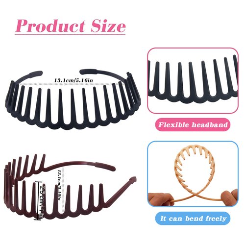Yeshan Zig Zag Shark Teeth Headbands for Girls Women Plastic Hair Comb Headbands Wave shape Elastic Headbands for Thick Hair,Pack of 6