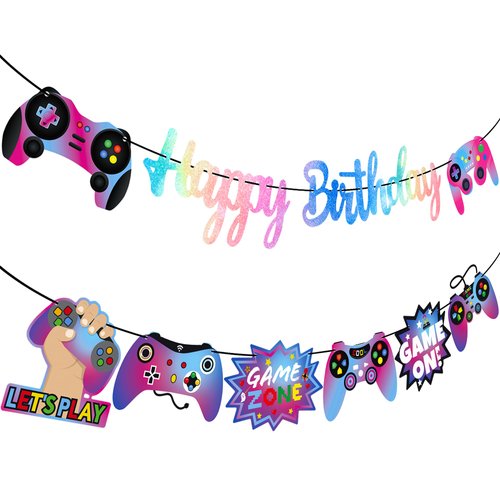 Video Game Birthday Banner 2Pcs Game Birthday Party Decorations Colorful Game Birthday Party Banner Gaming Party Supplies for Game On Baby Shower Decor