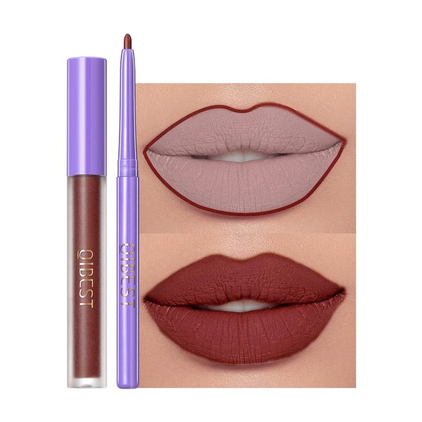 Easilydays 2 Pcs Halloween Dark Matte Liquid Lipstick + Lip Liner Pens Sets, 8 Colors High Pigmented Goth Sexy & Bold Lip Gloss, 24H Waterproof Long-lasting Matte Lipstick , Non-Stick Cup Velvety Lip Makeup for Women (Red)