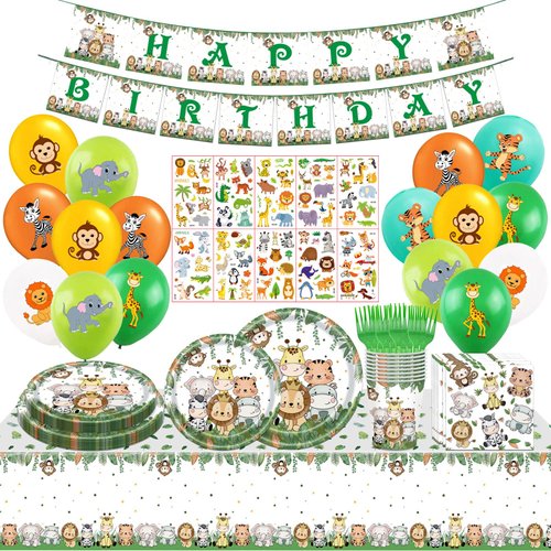108Pcs Safari Animal Birthday Party Supplies Jungle Animal Birthday Decorations for Boys Girls Safari Jungle Party Tableware Set Animal Paper Plates Cups Napkins Balloons Tablecloth Banner Serve 16