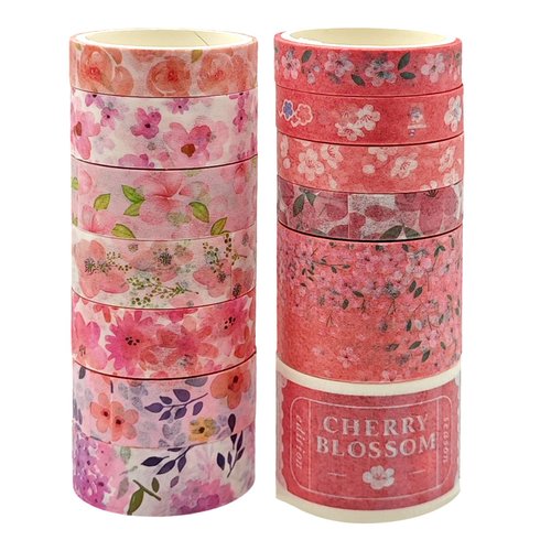 Fulbrio Arts Cute Floral 13 Rolls Washi Tape Set - Decorative Colored Tapes for Scrapbooking, Journaling, DIY Crafts, and Gift Wrapping,Cute Floral Designs for Bullet Journal Supplies (Pink Floral)