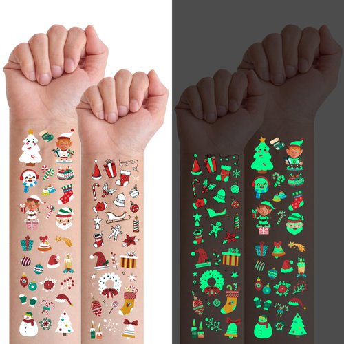 119 Pcs Christmas Temporary Tattoos for Kids，Christmas Stocking Stuffers Gifts Party Decorations Supplies Favors for Kids Boys and Girls (GLOW B)
