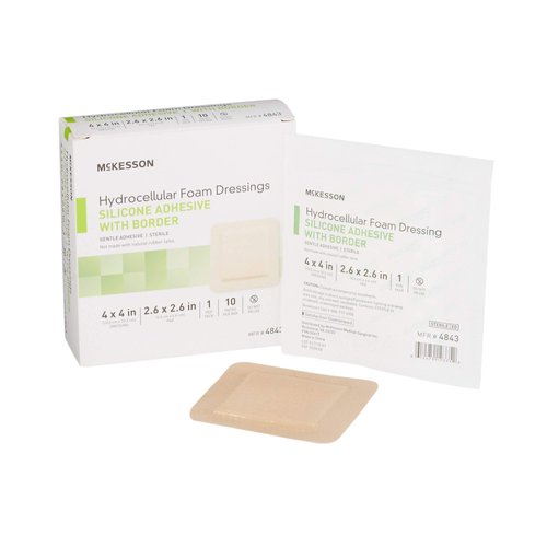 McKesson Hydrocellular Foam Dressings, Sterile, Silicone Adhesive with Border, Dimension 4 in x 4 in, Pad 3 in x 3 in, 10 Count, 1 Pack