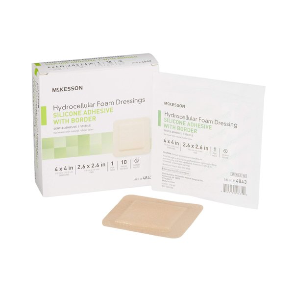 McKesson Hydrocellular Foam Dressings, Sterile, Silicone Adhesive with Border, Dimension 4 in x 4 in, Pad 3 in x 3 in, 10 Count, 1 Pack