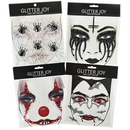 Clown Face Tattoos Spider Skull Temporary Face Gems Jewels Tattoos, Rhinestone Bat Face Jewels Tattoo Stickers
