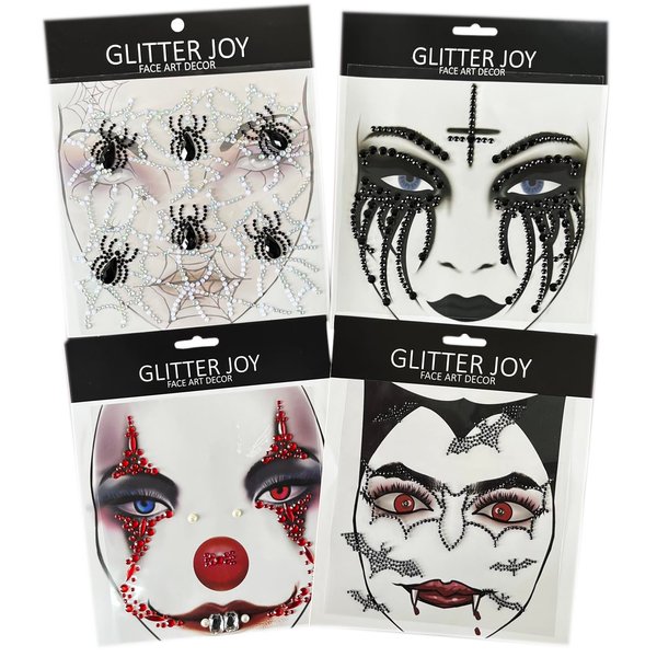 Clown Face Tattoos Spider Skull Temporary Face Gems Jewels Tattoos, Rhinestone Bat Face Jewels Tattoo Stickers